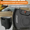 A person is relaxing on a couch in the background, while two black heaters are shown in the foreground. Text overlays highlight product features. Voir les images du produit