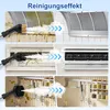 Collage showing the cleaning effect of a steam cleaner on different surfaces like kitchen cabinets, an air conditioner, and a range hood. Produktbild-Vorschau