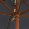 Close-up view of the central mechanism of a patio umbrella, showing the wooden pole, ribs, and pulley system. Podgląd zdjęcia produktu