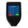 A black Trezor hardware wallet is shown with a PIN entry screen. Produktbild-Vorschau