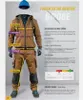 A manikin wearing work clothes with measurement guides and a size chart. Produktbild-Vorschau