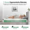A woman sleeping on a mattress, with diagrams illustrating the mattress's ergonomic zones and different sleeping positions. Produktbild-Vorschau