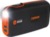 A black and orange Osram jump starter and power bank with a flashlight on. Náhled obrázku produktu