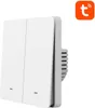 A white smart switch with two buttons, shown from a diagonal angle. Voir les images du produit