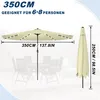 An image showing a large outdoor umbrella with LED lights, dimensions, and suitability for a certain number of people. A folded umbrella is shown on the right. Produktbild-Vorschau