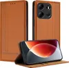 A brown leather flip case for a smartphone is displayed, showing the phone inside and the case open. Produktbild-Vorschau