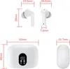Diagrams showing the dimensions of wireless earbuds and their charging case. Produktbild-Vorschau
