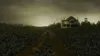 A dirt path leads through a dark, overgrown field towards a dilapidated house under a stormy sky. Náhled obrázku produktu