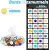 A collage of images showing colorful glass marbles in a net bag and a grid of individual marbles with different patterns. Náhľad obrázku produktu
