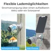 Split image showing a security camera mounted on a pole with a house in the background, and another security camera connected to a solar panel mounted on a brick wall. Produktbild-Vorschau
