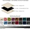 Diagram showing the 3-layer fabric construction of a blackout curtain, followed by a swatch display of available colors and a gradient indicating light blocking levels. Produktbild-Vorschau