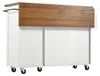 A white kitchen island with a wooden top and wheels, shown from a side angle. Anteprima dell’immagine prodotto