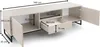 A 3D rendering of a beige TV cabinet with black legs, showing dimensions. Produktbild-Vorschau
