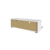 The back view of a white, modern TV stand is shown against a white background. It features two cable management holes on the back panel and is raised slightly off the ground by short, dark legs. Náhled obrázku produktu