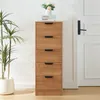 A wooden chest of drawers with five drawers and black handles, placed next to a potted plant and a white door. Anteprima dell’immagine prodotto