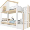 A bunk bed with a house-like design, featuring stairs with storage drawers and a pull-out trundle bed. Anteprima dell’immagine prodotto