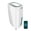 A white dehumidifier with a blue water tank is shown next to a smartphone displaying a logo. Produktbild-Vorschau