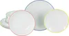 A collection of white plates with colored rims, arranged in a group. Produktbild-Vorschau