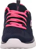 A close-up front view of a navy blue Skechers sneaker with pink laces. Podgląd zdjęcia produktu