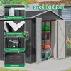 A metal garden shed with its doors open, showing storage inside, and several close-up insets highlighting product features. Produktbild-Vorschau