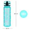 A product shot of a turquoise water bottle with rainbow and dot patterns, next to size and volume indicators. Podgląd zdjęcia produktu