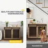 A split image showing a dog crate furniture piece used as a side table and then as a dog house. Produktbild-Vorschau