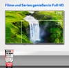 A television screen displaying a waterfall scene, with overlays indicating Full HD and HD resolutions. Below the screen, there are award badges. Produktbild-Vorschau
