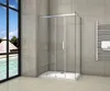 A modern bathroom with a glass shower enclosure, a towel rack, and a large window overlooking a tropical scene. Produktbild-Vorschau