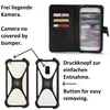 A collage of images showing a phone case and a wallet-style phone case with a phone inside, along with descriptive text. Produktbild-Vorschau