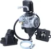 A carburetor assembly with associated parts, including an intake manifold and a reed valve block, displayed against a white background. Produktbild-Vorschau
