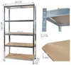 A metal shelving unit with wooden shelves, shown with dimensions. Podgląd zdjęcia produktu