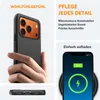A hand holding a black phone case with an orange interior, next to marketing text and an image of a phone charging wirelessly. Produktbild-Vorschau