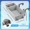 A gray plastic storage basket with hanging hooks, designed to attach to the side of a pool or hot tub. Dimensions are shown with measurement lines and text. Produktbild-Vorschau
