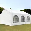 A white party tent is set up on a grassy lawn with trees in the background. Produktbild-Vorschau