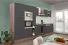 A modern kitchen setup with dark gray cabinets, integrated appliances, and a light green backsplash. Produktbild-Vorschau