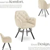 A collage of images showcasing a cream-colored armchair with black legs, highlighting its design and comfort features. Produktbild-Vorschau