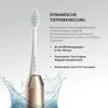 A close-up of a sonic toothbrush with water splashing around its base, accompanied by marketing text highlighting its features. Náhled obrázku produktu