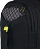 A close-up view of a black backpack, showing a checkered pattern inside a pocket and a yellow buckle. Podgląd zdjęcia produktu