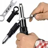 A hand is using a rivet nut tool to attach a bolt to a metal plate. Other accessories for the tool are also visible. Produktbild-Vorschau