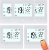 A collage of five digital LCD Tuya WiFi room thermostats, with one thermostat showing a hand holding a smartphone displaying the thermostat interface. Produktbild-Vorschau