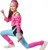 A young girl in a retro fitness outfit is performing a lunge exercise while holding dumbbells. Produktbild-Vorschau