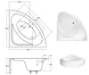 A collage of images showing a corner bathtub, including a technical drawing with dimensions, a top-down view, and a front view. Produktbild-Vorschau
