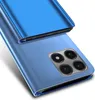 A blue smartphone case with a clear view flip cover, showing the camera module. Produktbild-Vorschau