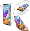 A collage of images showing a transparent phone case for a Samsung Galaxy S21 5G, with different angles and a hand holding the phone with the case. Produktbild-Vorschau