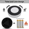 Diagram showing how to twist and lock a battery-powered LED light, including battery placement and the number of batteries required. Produktbild-Vorschau