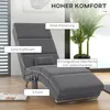 A gray recliner chair with labels pointing out its features, placed in a room with a potted plant and a newspaper. Produktbild-Vorschau