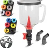 A collage of a car oil funnel set with various adapters and a 1500ml capacity indicator. Podgląd zdjęcia produktu
