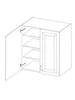 A line drawing of a white kitchen cabinet with two doors, one open, revealing shelves. Voir les images du produit