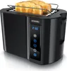 A black Arendo toaster with two slices of toast inside, shown from a slightly elevated front-left angle on a white background. Produktbild-Vorschau