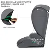 A side view of a gray child car seat with illustrative overlays and text. Podgląd zdjęcia produktu